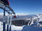 Uitzicht vanaf de Hoadl (2340 m) op de Hoadlbahn, kabeltreintje en het 19 km verderop gelegen Innsbruck