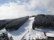 Typische afdaling omzoomd door bossen in het skigebied Skiliftkarussell