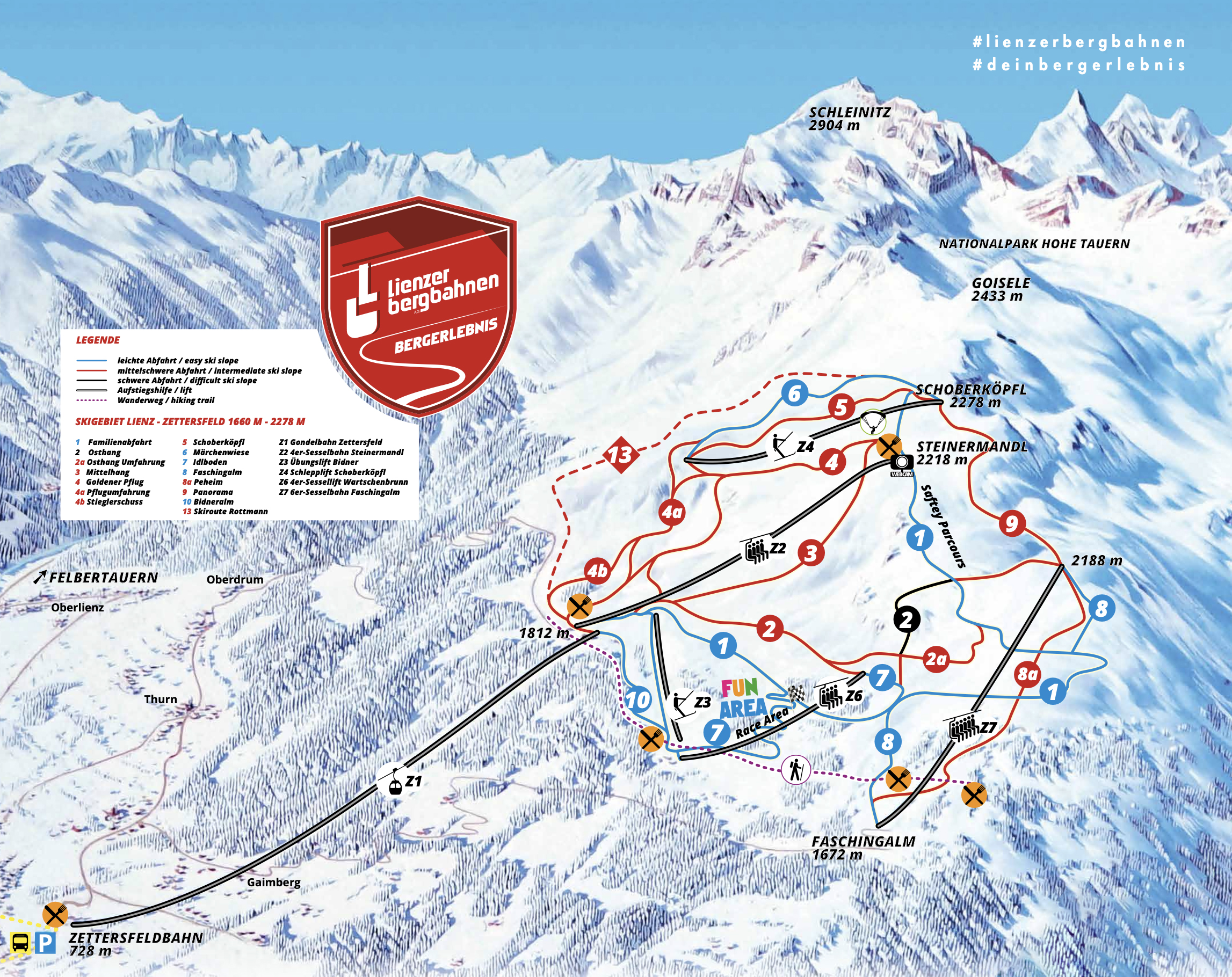 Pistekaart van het skigebied Zettersfeld – Lienz