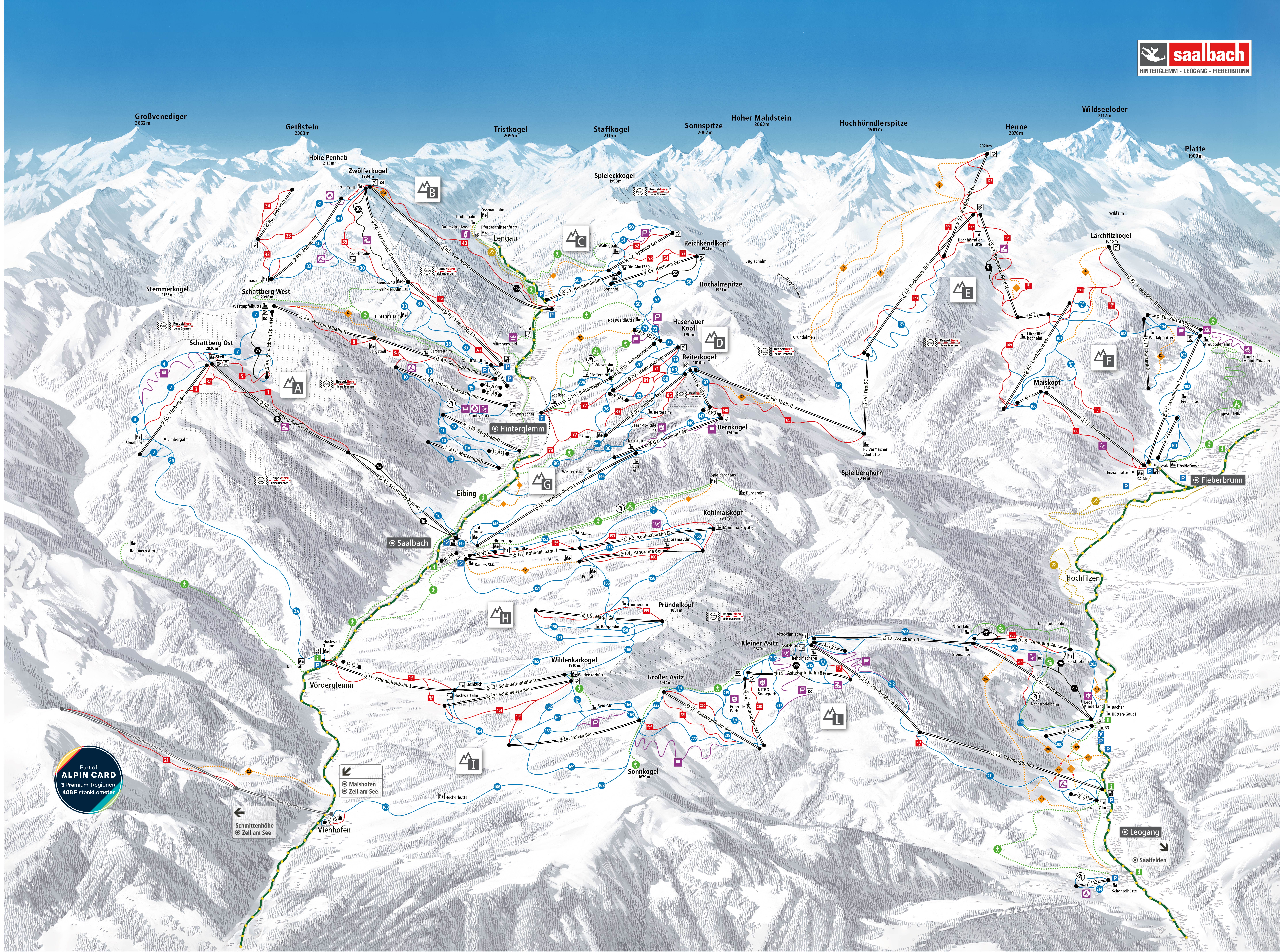 Pistekaart van het skigebied Saalbach Hinterglemm Leogang Fieberbrunn (Skicircus)