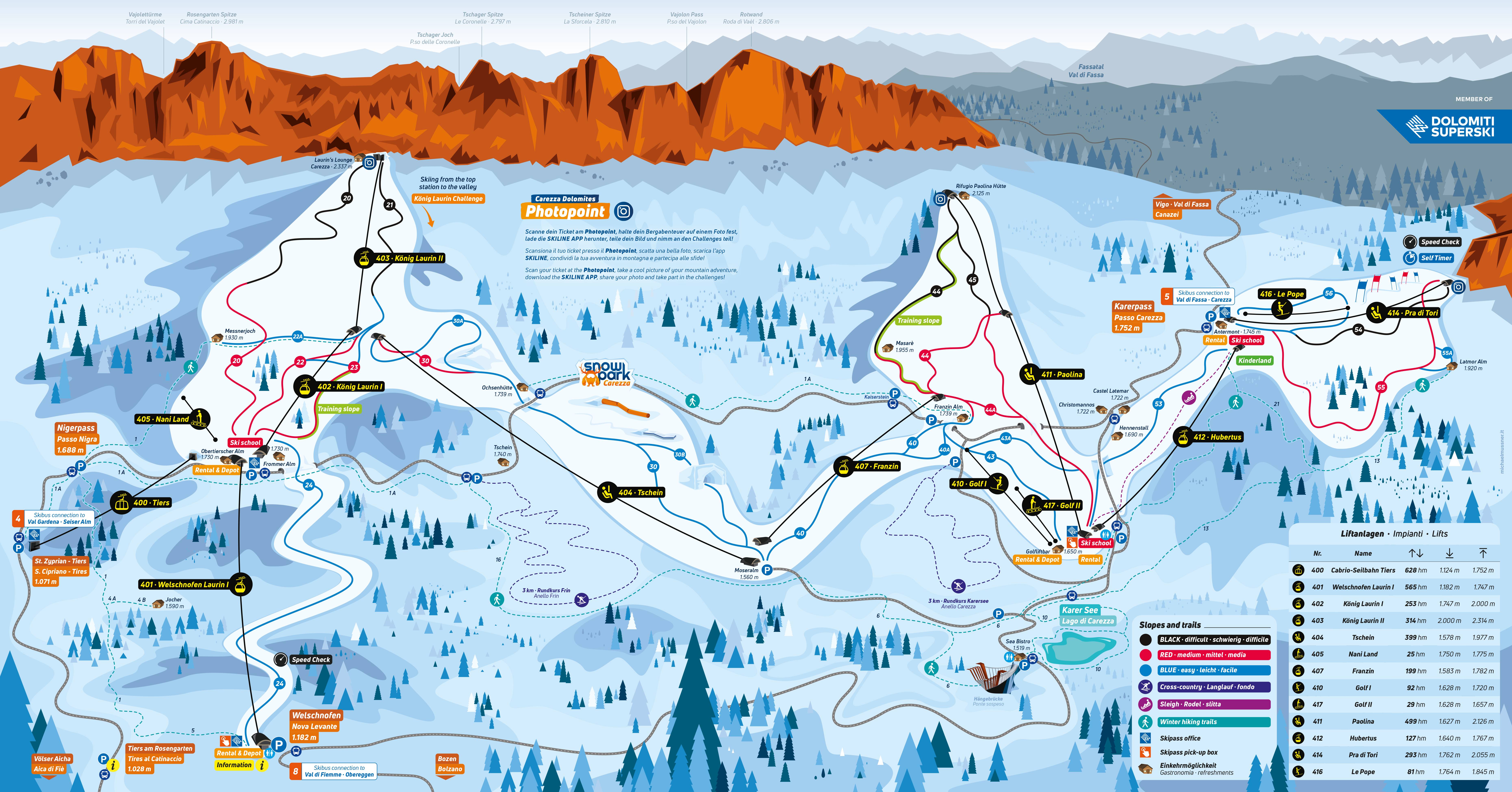 Pistekaart van het skigebied Carezza