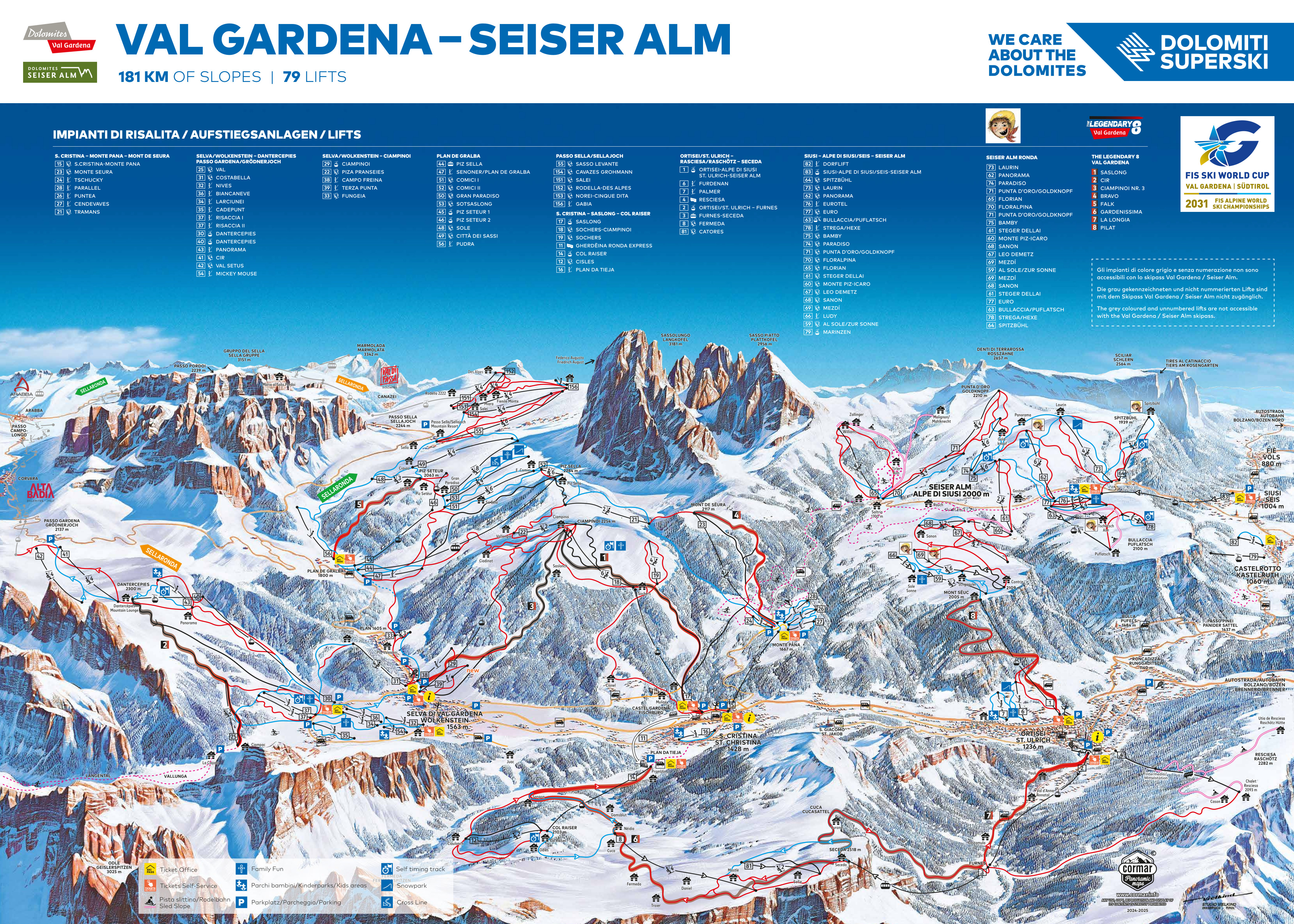 Pistekaart van het skigebied Gröden (Val Gardena)