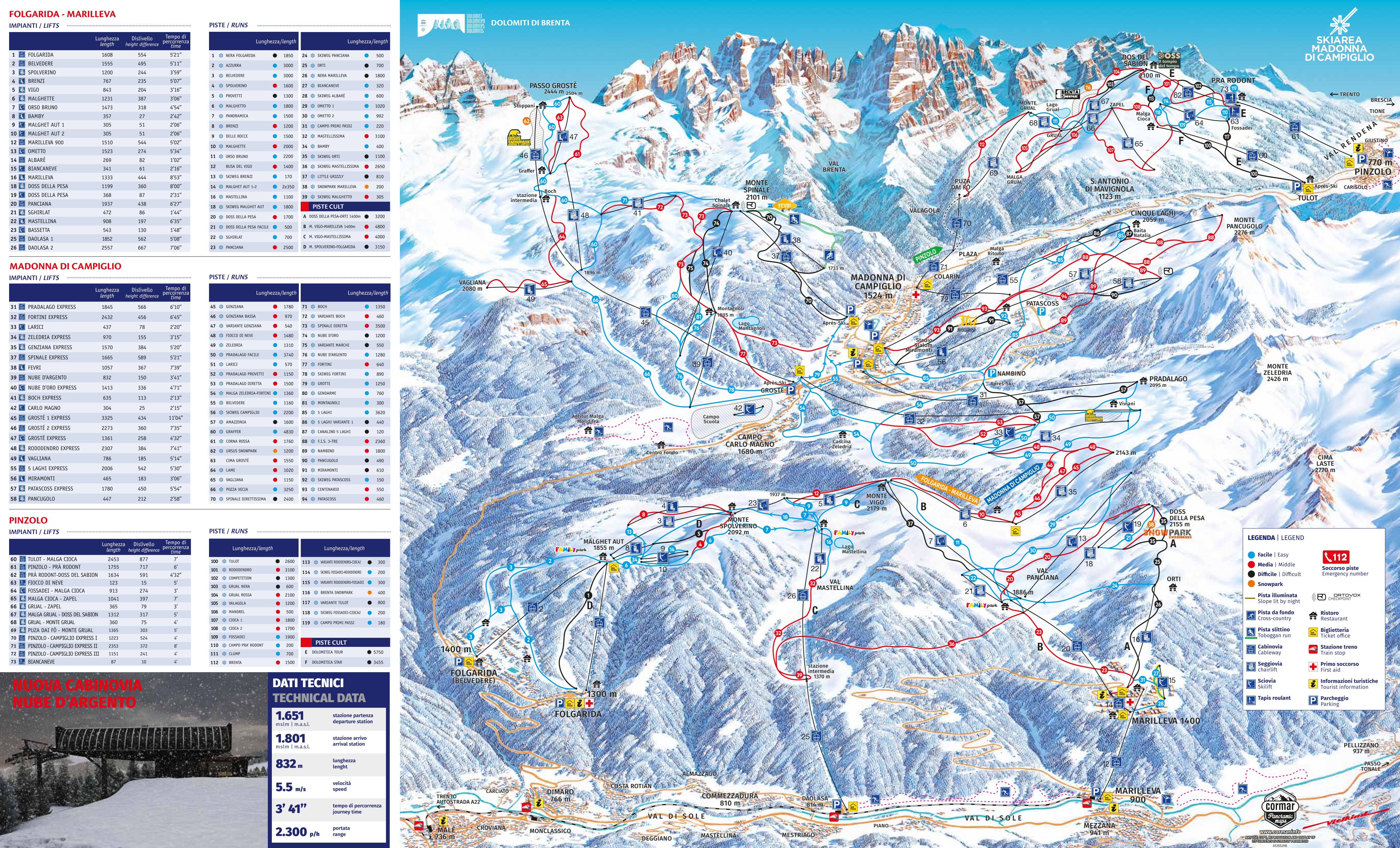 Pistekaart van het skigebied Madonna di Campiglio/Pinzolo/Folgàrida/Marilleva
