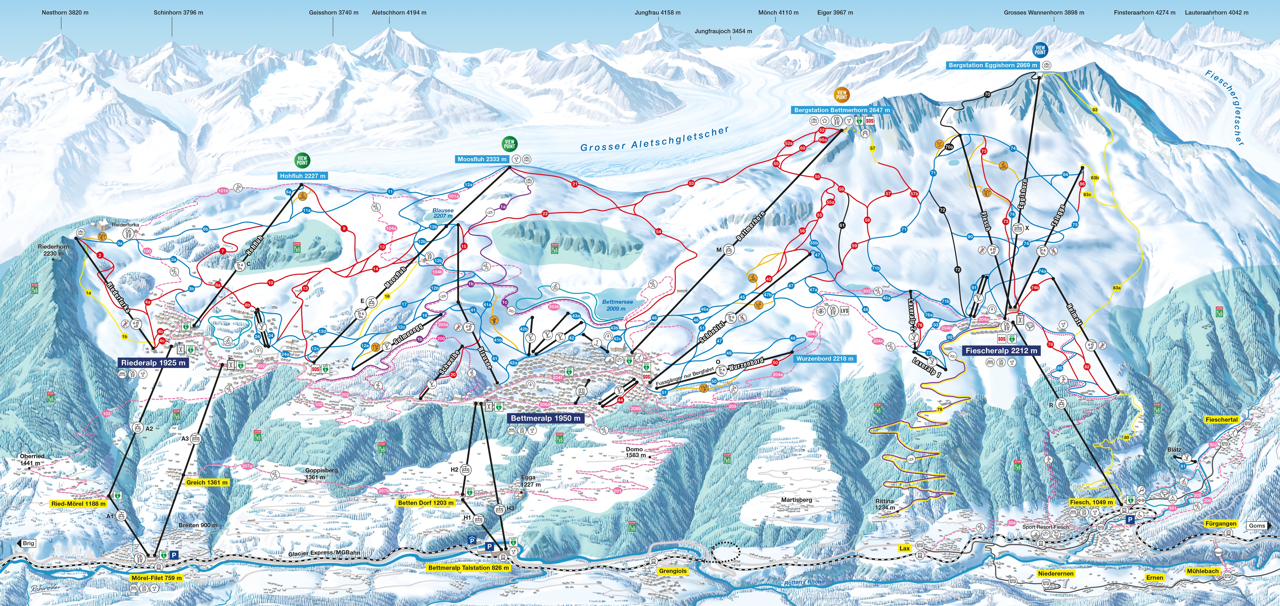 Pistekaart van het skigebied Aletsch Arena – Riederalp/Bettmeralp/Fiesch Eggishorn